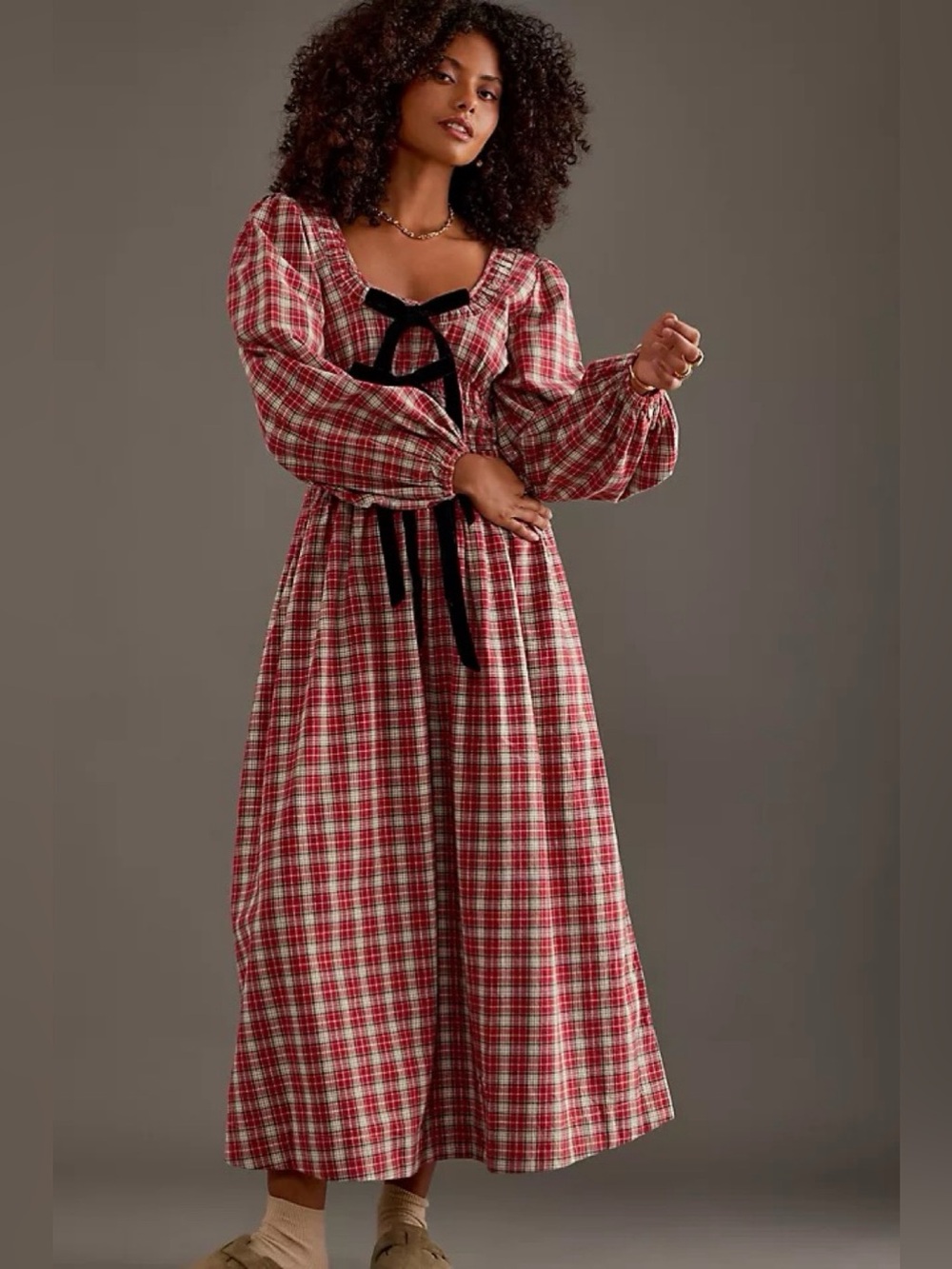 Damson Madder Dakota Bow Midi Dress US 10 Red Plaid Velvet Cottagecore Holiday
